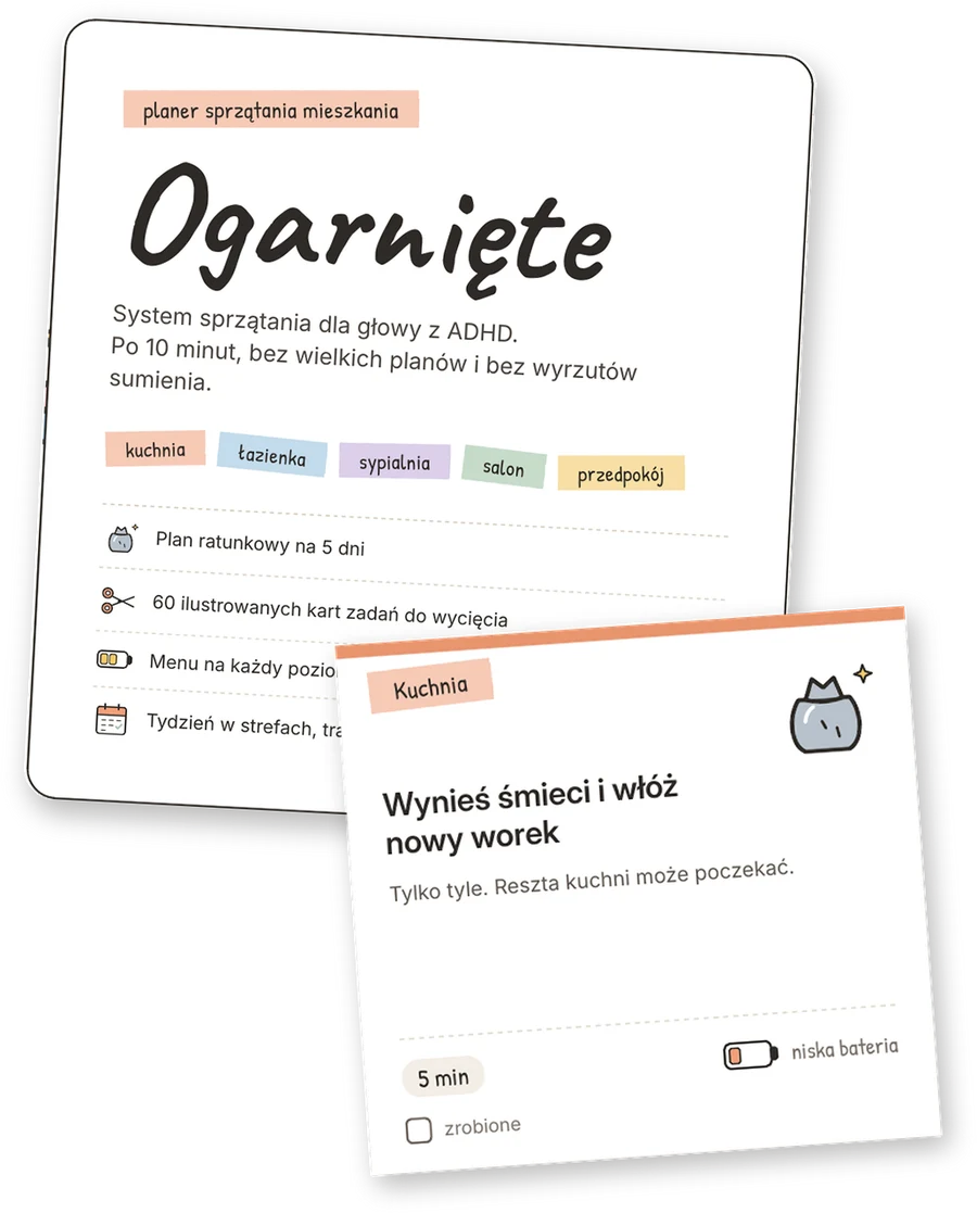 Okładka planera Ogarnięte i karta zadania „Wynieś śmieci i włóż nowy worek”